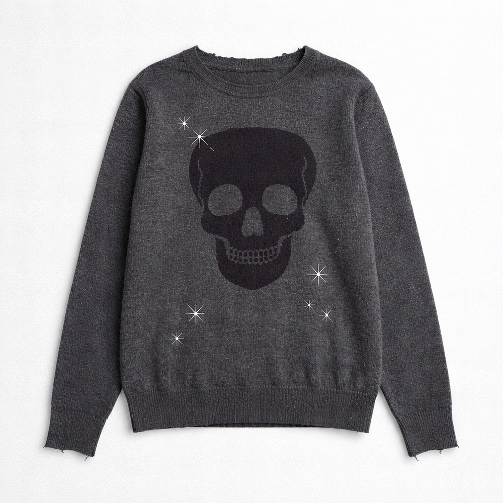 27 Miles Malibu Charcoal Skull Crewneck Sweater  Womens Medium skull print